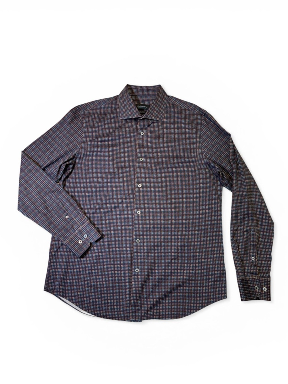 Bugatchi mens L Large blue geo pattern 8 way stretch ooohcotton tech shirt EUC